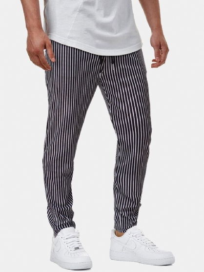 Pantalones Casuales Con Cordón Y Bolsillo Con Estampado De Rayas Clásicas Para Hombre