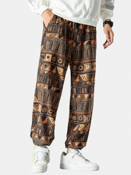 Pantalones Casuales Con Cordón Y Estampado De Estilo Étnico De Pana Para Hombre