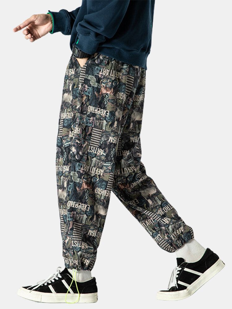 Pantalones Casuales Con Cordón Y Estampado De Estilo Étnico De Pana Para Hombre