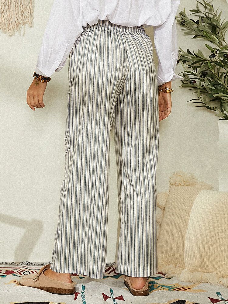 Pantalones Casuales Con Detalle De Botones En La Cintura Elasitc Con Estampado De Rayas Clásicas Para Mujer Con Bolsillos