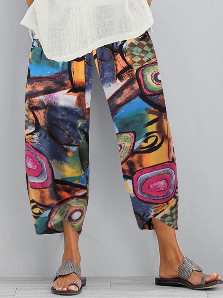 Pantalones Casuales Con Dobladillo Irregular Suelto Con Cintura Elástica Con Estampado De Graffiti Retro Para Mujer