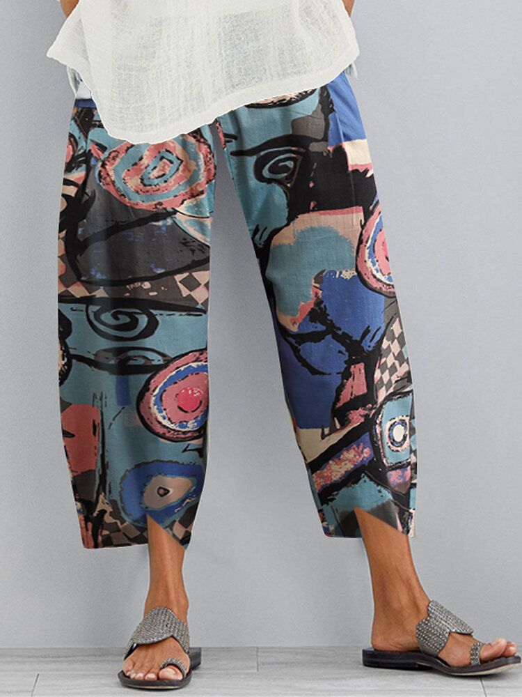 Pantalones Casuales Con Dobladillo Irregular Suelto Con Cintura Elástica Con Estampado De Graffiti Retro Para Mujer