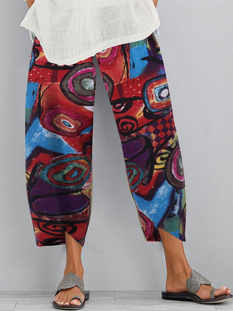 Pantalones Casuales Con Dobladillo Irregular Suelto Con Cintura Elástica Con Estampado De Graffiti Retro Para Mujer