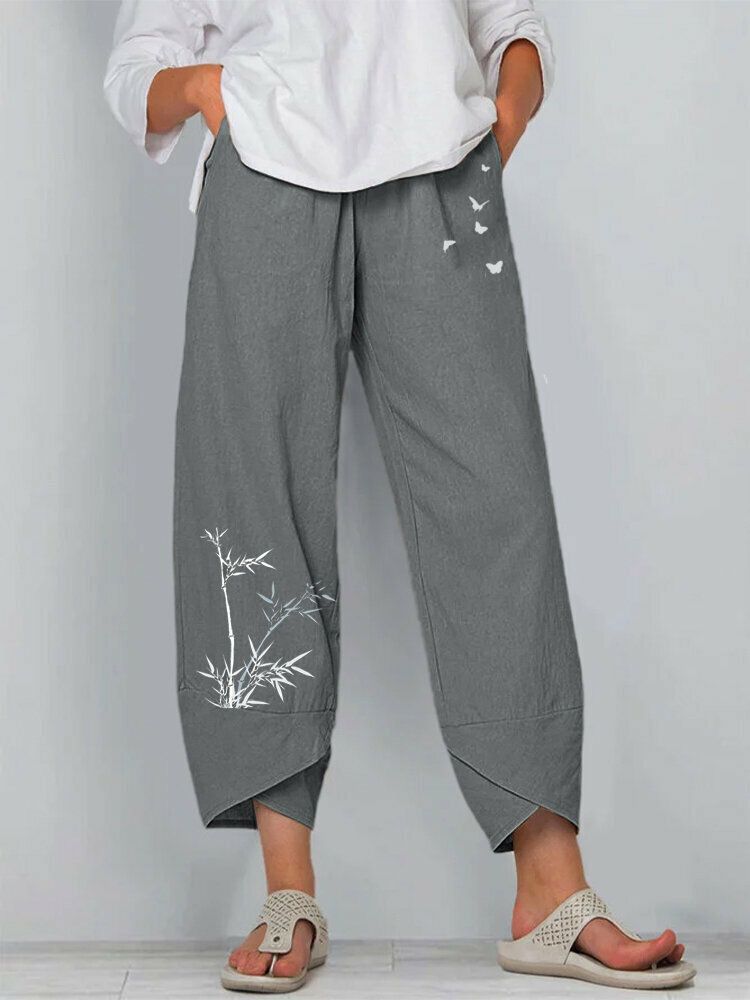 Pantalones Casuales Con Dobladillo Irregular Suelto Con Cintura Elástica Con Estampado De Mariposa De Bambú Para Mujer