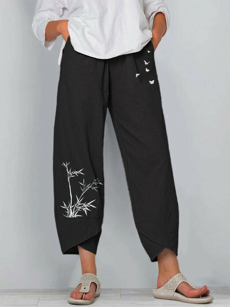 Pantalones Casuales Con Dobladillo Irregular Suelto Con Cintura Elástica Con Estampado De Mariposa De Bambú Para Mujer