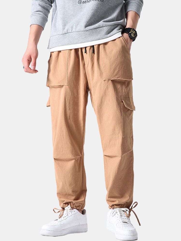 Pantalones Casuales Con Múltiples Bolsillos De Cintura Elástica Con Cordón Suelto Negro Para Hombre