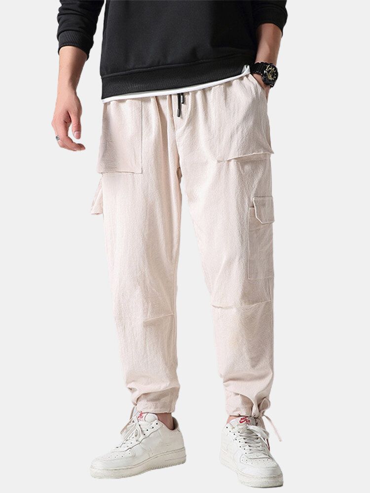 Pantalones Casuales Con Múltiples Bolsillos De Cintura Elástica Con Cordón Suelto Negro Para Hombre