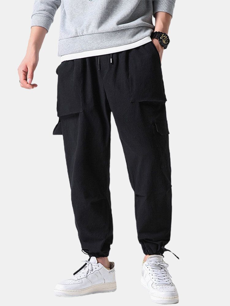 Pantalones Casuales Con Múltiples Bolsillos De Cintura Elástica Con Cordón Suelto Negro Para Hombre