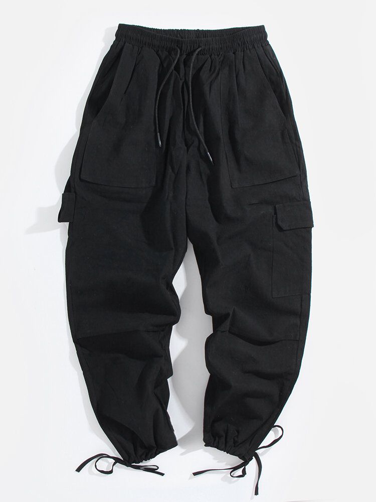 Pantalones Casuales Con Múltiples Bolsillos De Cintura Elástica Con Cordón Suelto Negro Para Hombre