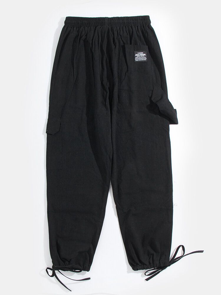 Pantalones Casuales Con Múltiples Bolsillos De Cintura Elástica Con Cordón Suelto Negro Para Hombre