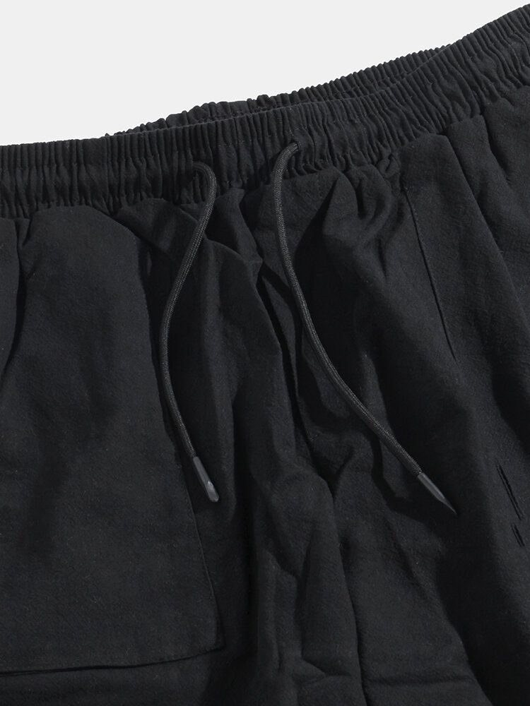 Pantalones Casuales Con Múltiples Bolsillos De Cintura Elástica Con Cordón Suelto Negro Para Hombre