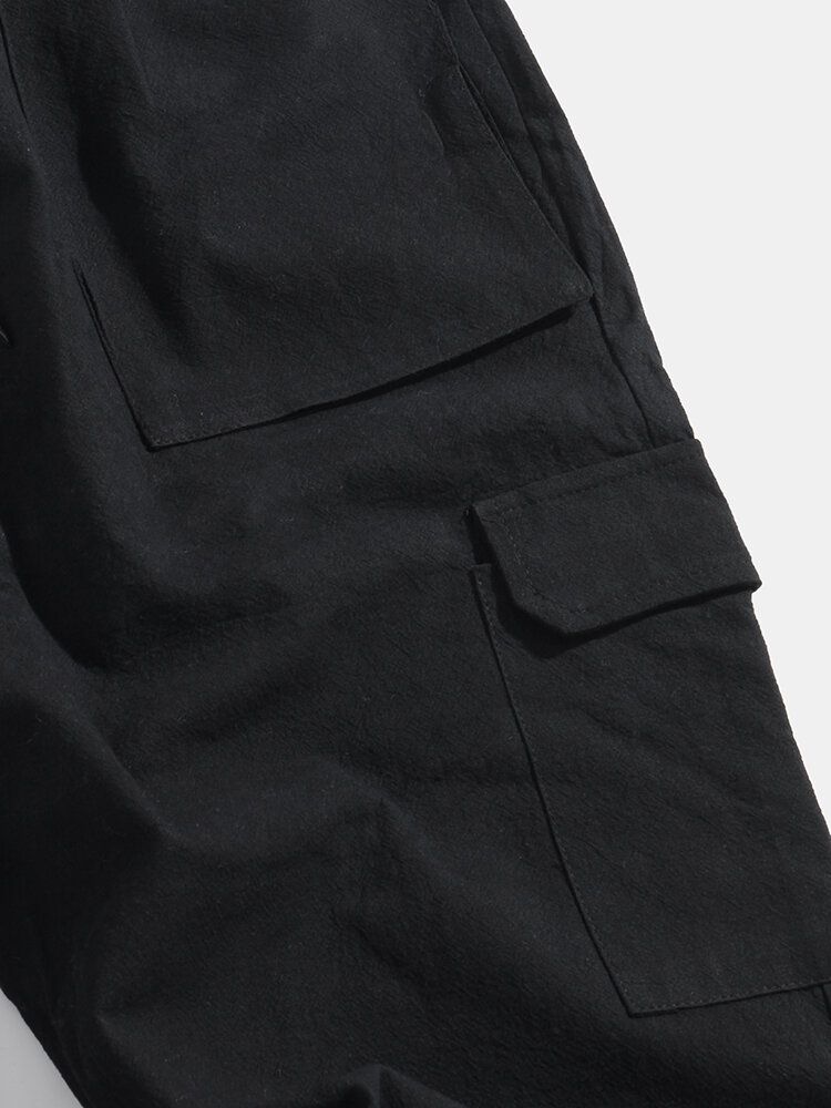 Pantalones Casuales Con Múltiples Bolsillos De Cintura Elástica Con Cordón Suelto Negro Para Hombre