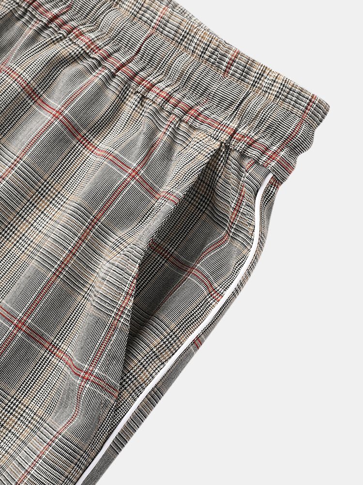 Pantalones Casuales Con Puños Con Cordón Plisado A Cuadros Para Hombre