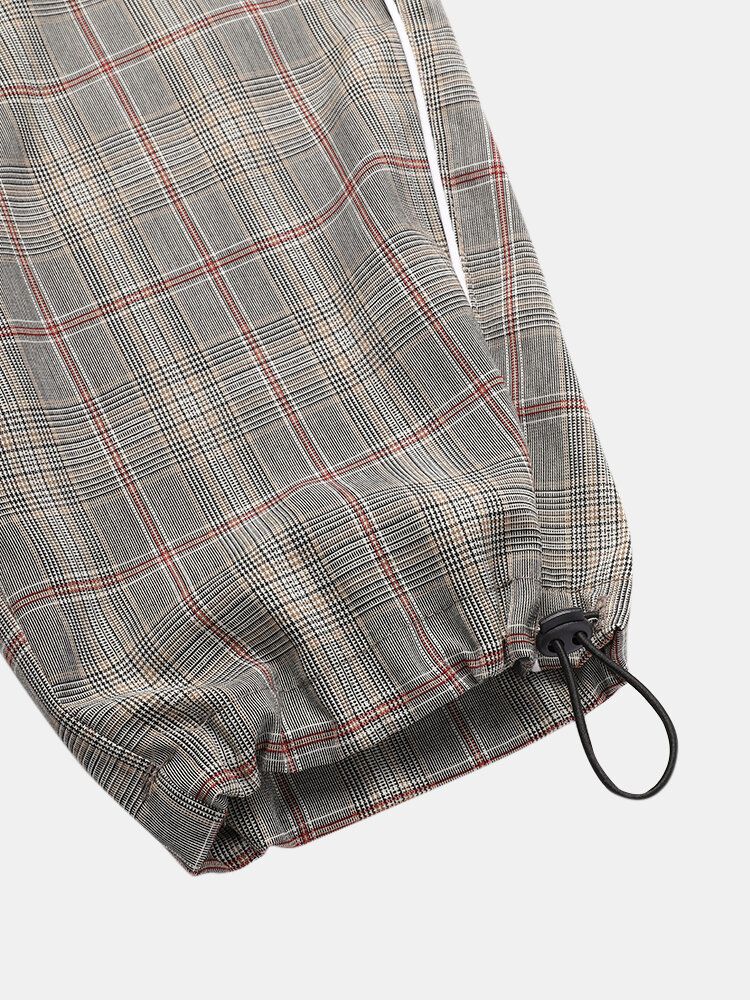 Pantalones Casuales Con Puños Con Cordón Plisado A Cuadros Para Hombre