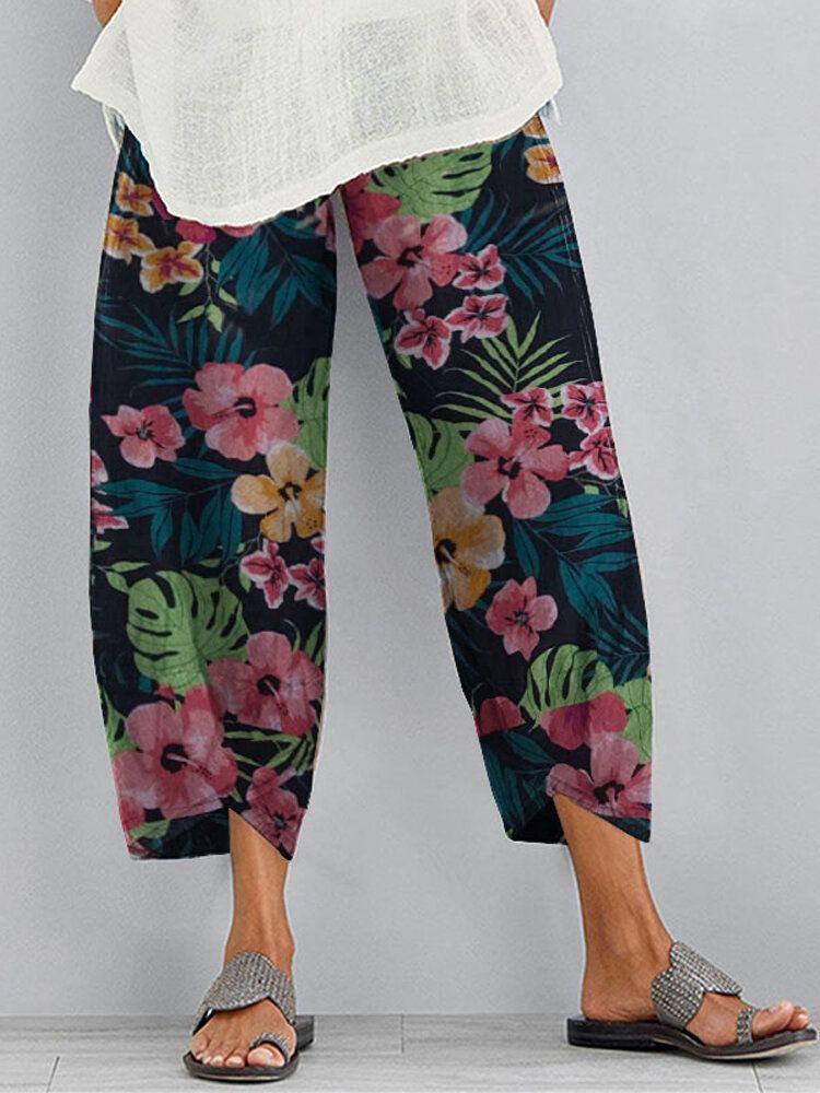 Pantalones Casuales Diarios De Cintura Elástica Con Estampado Floral Para Mujer Con Bolsillos Laterales