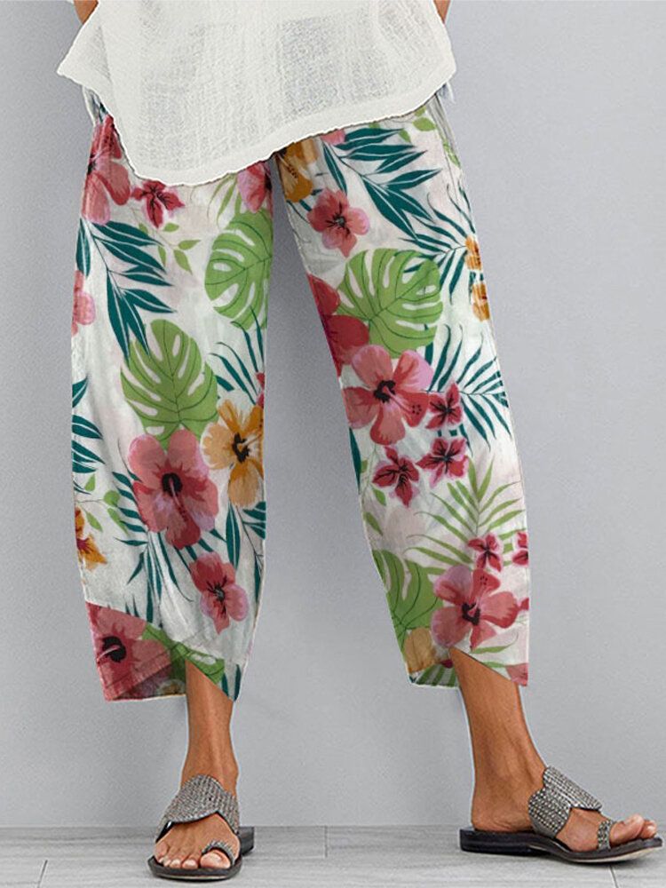 Pantalones Casuales Diarios De Cintura Elástica Con Estampado Floral Para Mujer Con Bolsillos Laterales