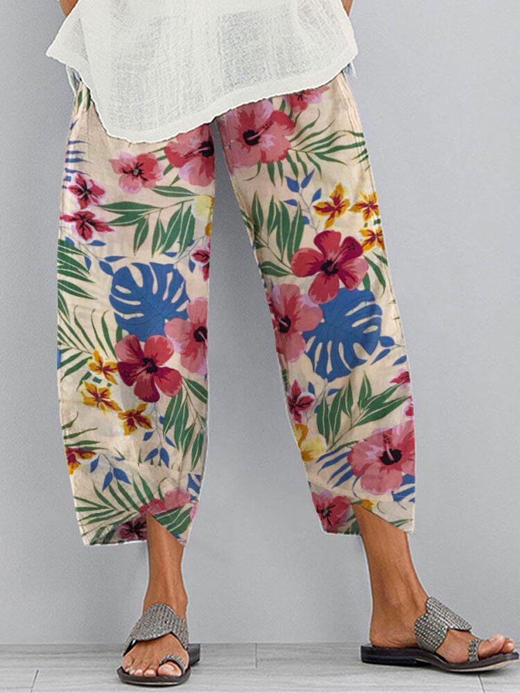 Pantalones Casuales Diarios De Cintura Elástica Con Estampado Floral Para Mujer Con Bolsillos Laterales