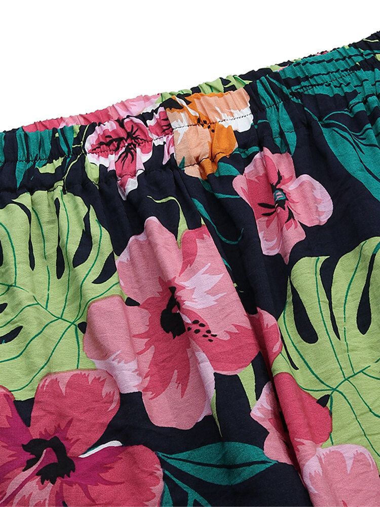 Pantalones Casuales Diarios De Cintura Elástica Con Estampado Floral Para Mujer Con Bolsillos Laterales