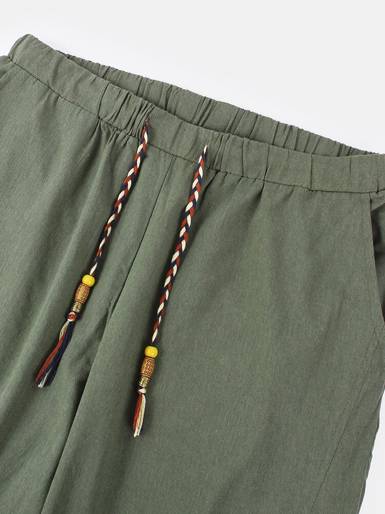 Pantalones Casuales Hasta La Pantorrilla De Color Sólido Con Cordón De Algodón Para Hombre