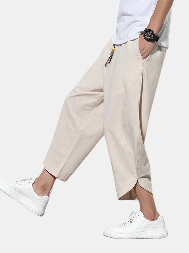 Pantalones Casuales Hasta La Pantorrilla De Color Sólido Con Cordón De Algodón Para Hombre