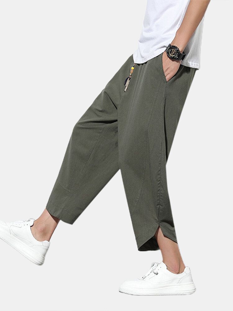 Pantalones Casuales Hasta La Pantorrilla De Color Sólido Con Cordón De Algodón Para Hombre