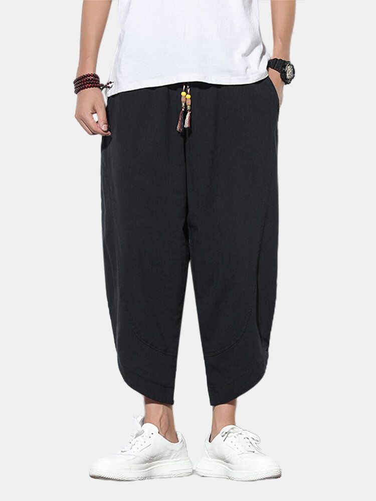 Pantalones Casuales Hasta La Pantorrilla De Color Sólido Con Cordón De Algodón Para Hombre