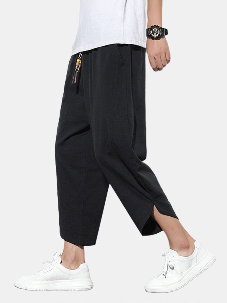 Pantalones Casuales Hasta La Pantorrilla De Color Sólido Con Cordón De Algodón Para Hombre