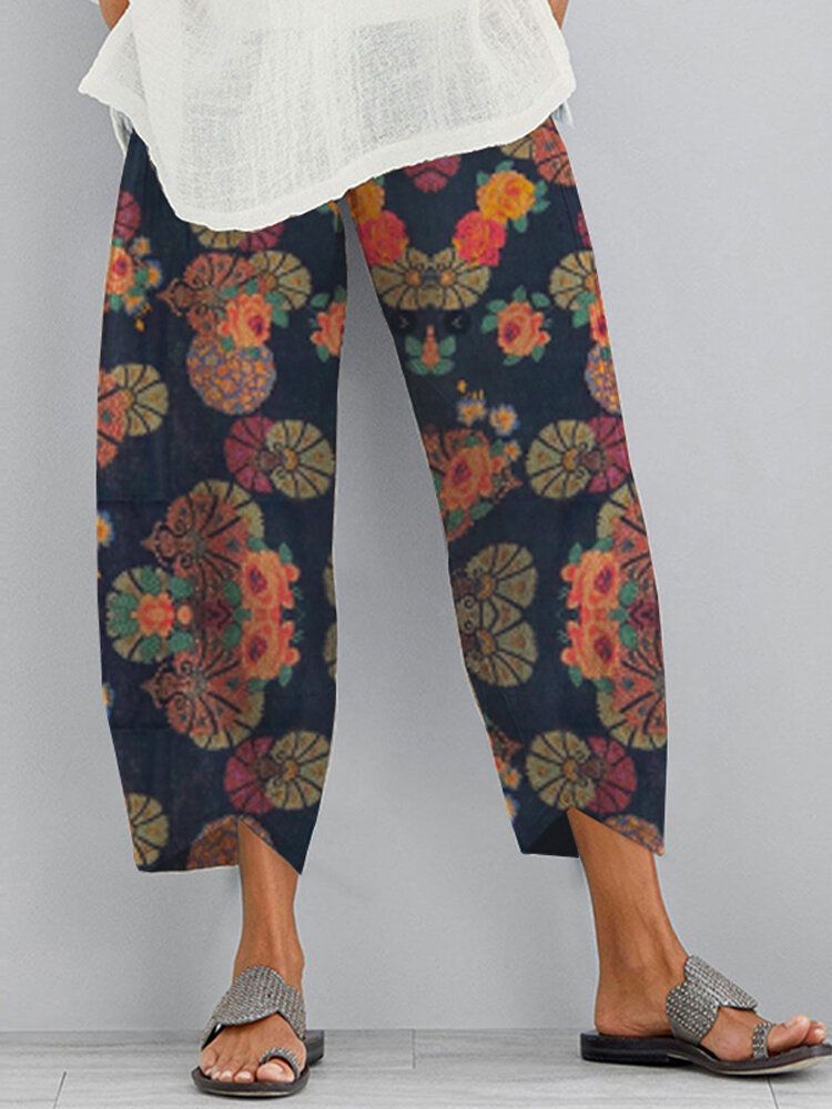 Pantalones Casuales Irregulares Con Bolsillo Lateral Elástico Con Estampado Floral Étnico Para Mujer