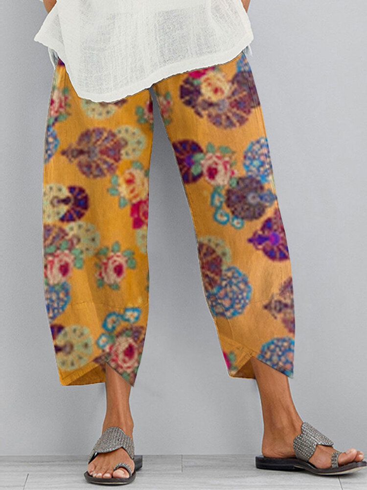 Pantalones Casuales Irregulares Con Bolsillo Lateral Elástico Con Estampado Floral Étnico Para Mujer