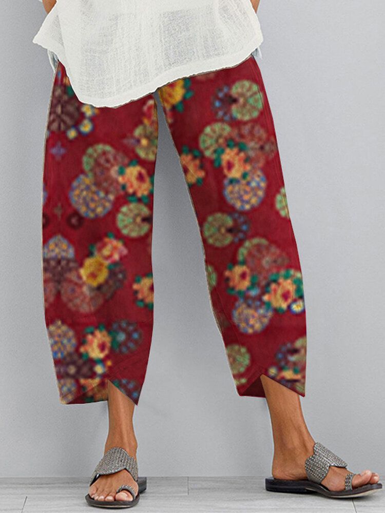 Pantalones Casuales Irregulares Con Bolsillo Lateral Elástico Con Estampado Floral Étnico Para Mujer