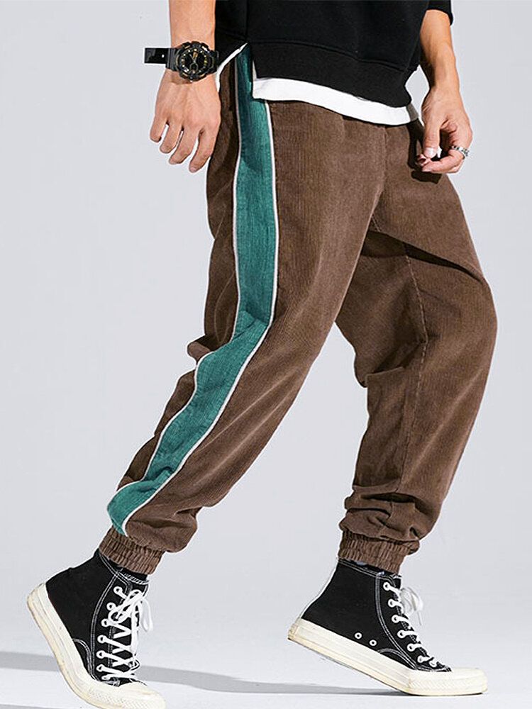 Pantalones Casuales De Pana Con Bolsillo A Rayas Laterales Para Hombre Con Cordón Y Pies