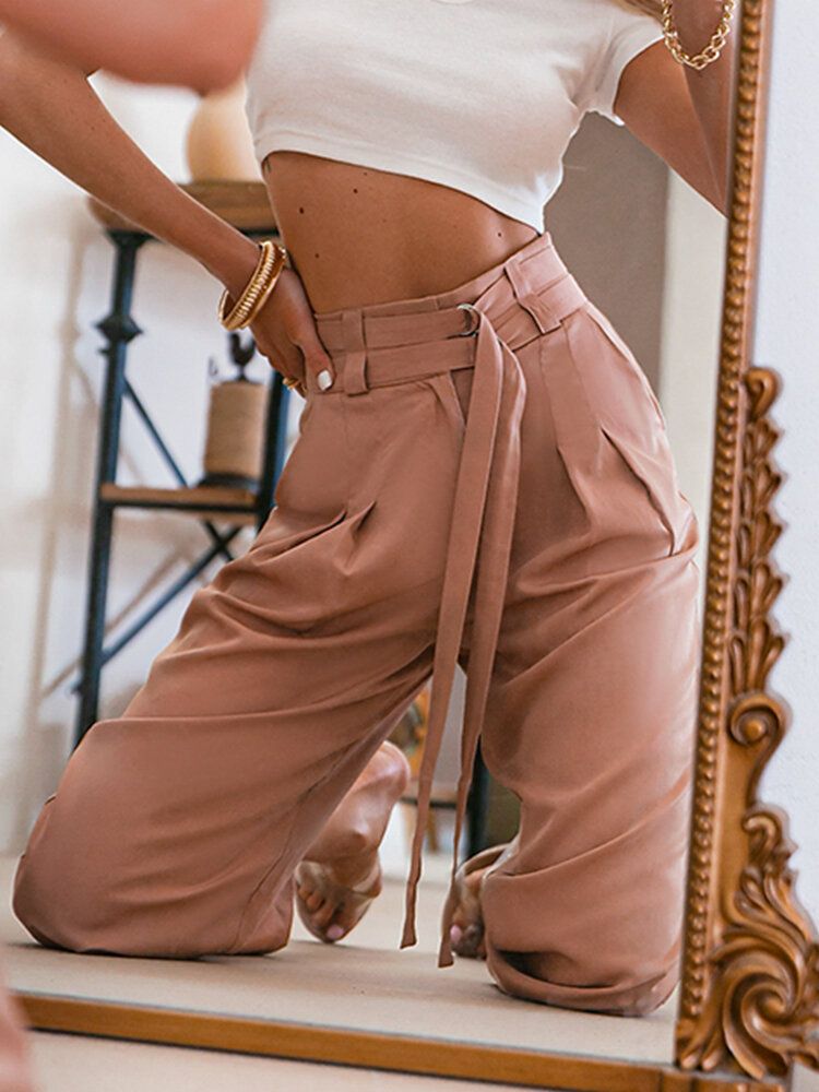 Pantalones Casuales Plisados Con Cinturón Anudado De Cintura Alta De Color Sólido Para Mujer