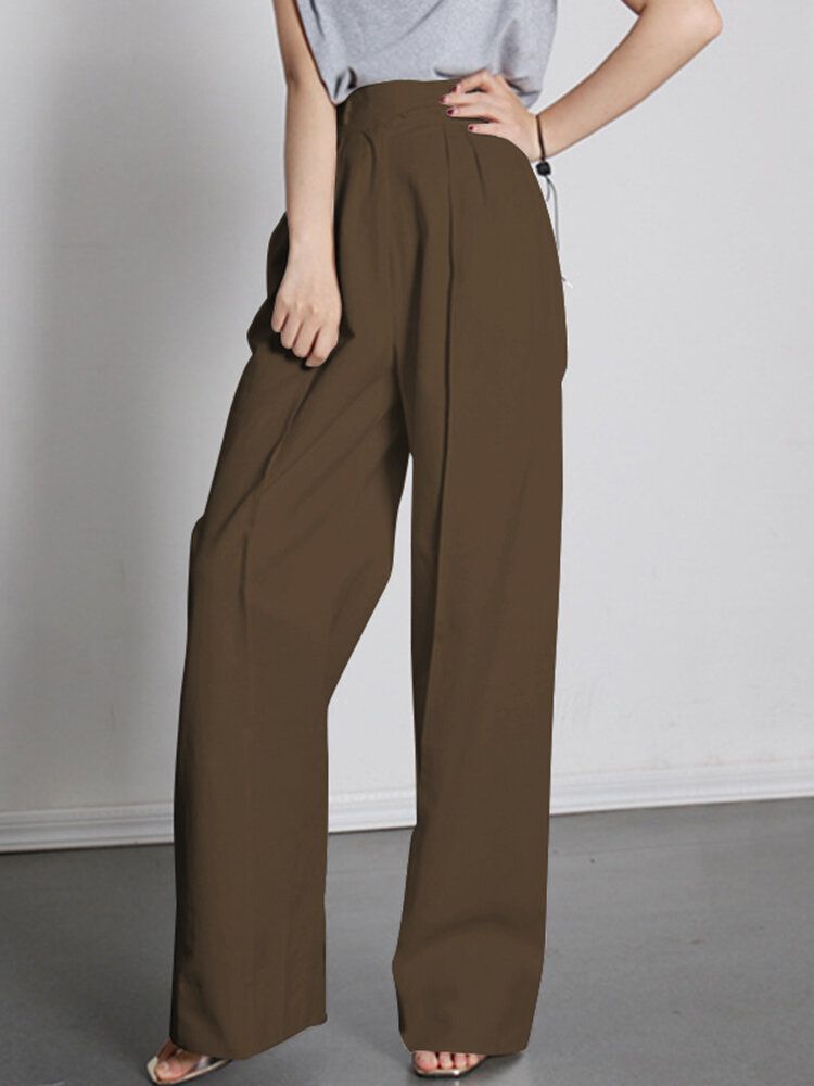 Pantalones Casuales Plisados Sueltos De Color Sólido Sueltos De Cintura Alta Para Mujer