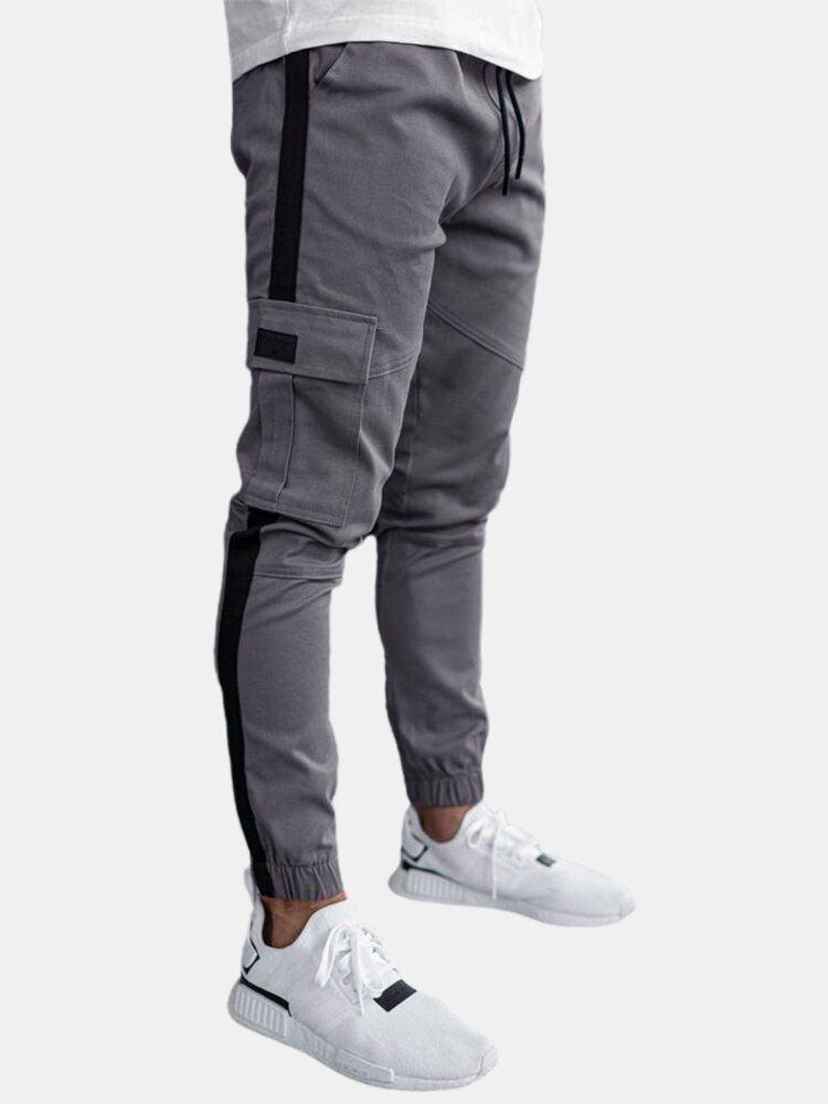 Pantalones Casuales De Retazos Laterales De Color Sólido Para Hombre Con Bolsillo