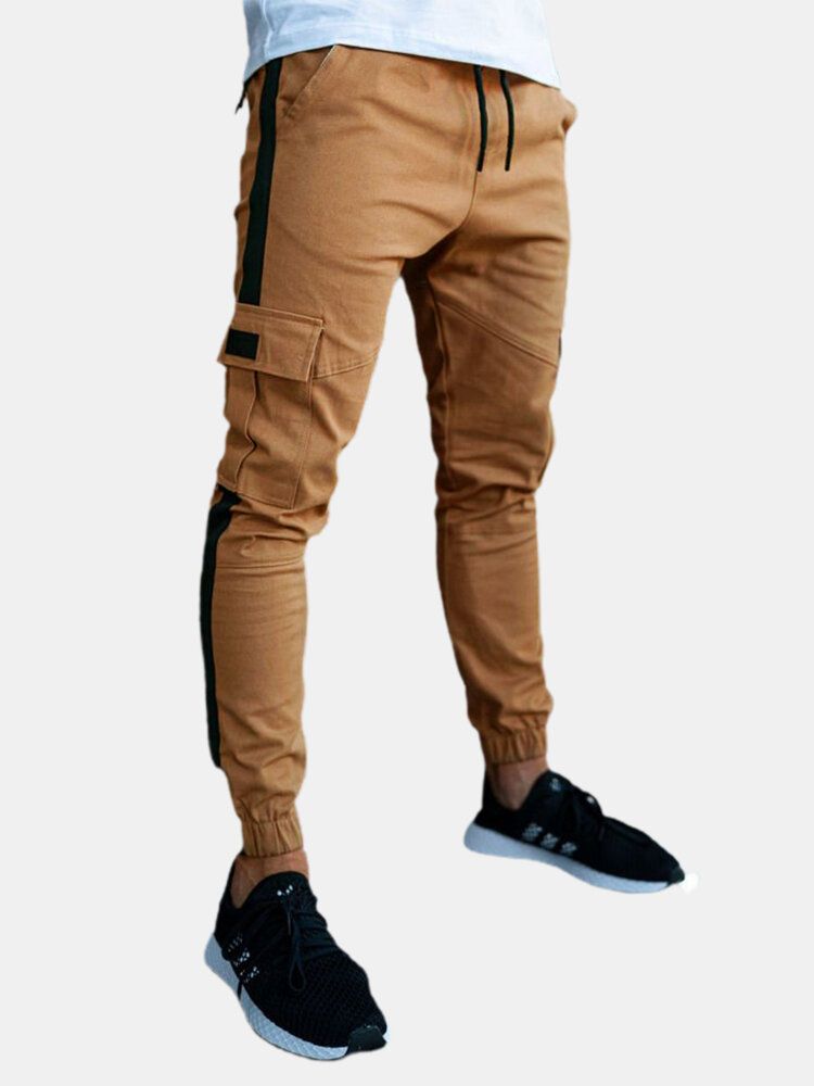 Pantalones Casuales De Retazos Laterales De Color Sólido Para Hombre Con Bolsillo