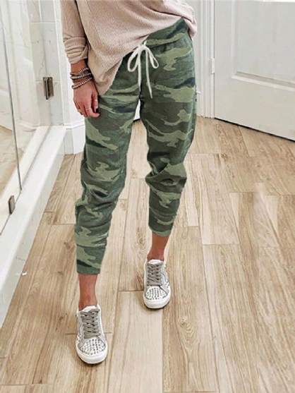 Pantalones Casuales Sueltos De Cintura Elástica Con Estampado De Camuflaje Para Mujer