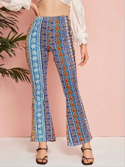 Pantalones Casuales Sueltos Con Estampado Floral De Cintura Alta Retro Para Mujer