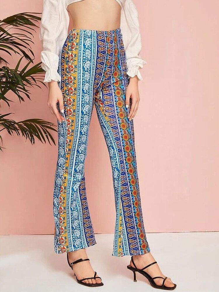 Pantalones Casuales Sueltos Con Estampado Floral De Cintura Alta Retro Para Mujer