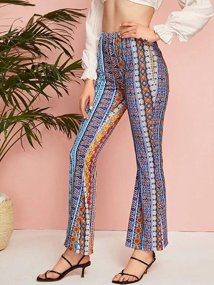 Pantalones Casuales Sueltos Con Estampado Floral De Cintura Alta Retro Para Mujer