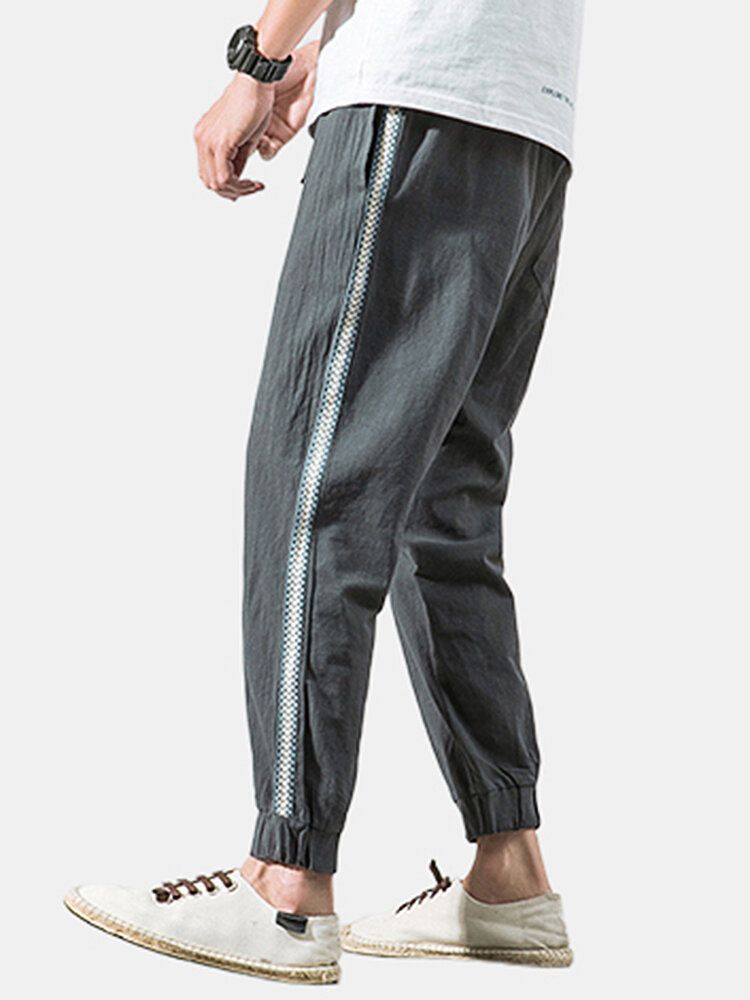 Pantalones Casuales De Tobillo Elástico Con Cordón De Color Sólido Para Hombre Con Bolsillo