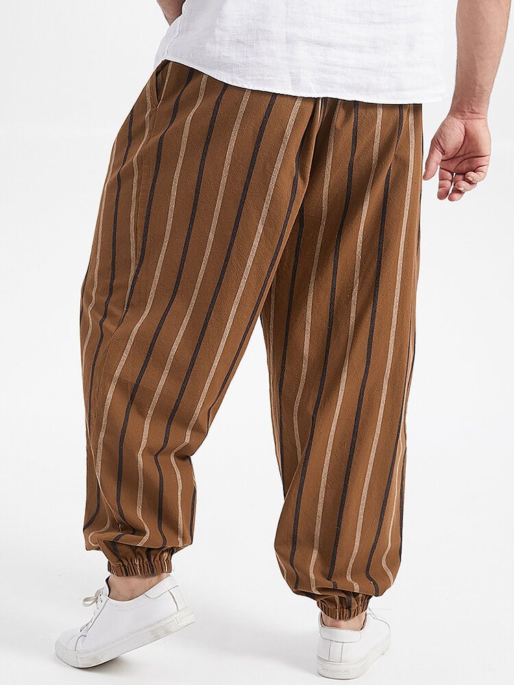 Pantalones De Chándal De Algodón De Cintura Media Con Estampado De Rayas Vintage Para Hombre De Talla Grande