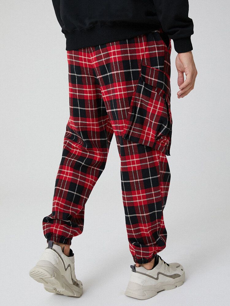 Pantalones De Chándal De Algodón Con Múltiples Bolsillos A Cuadros Vintage Para Hombre