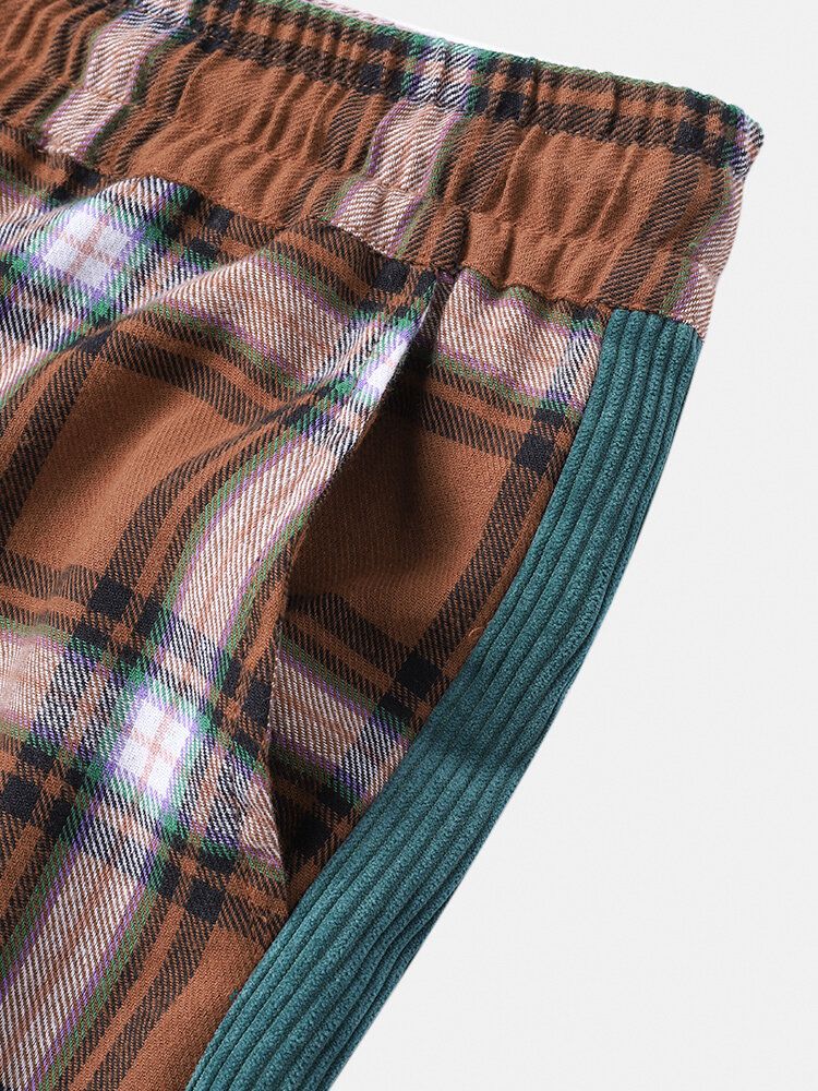 Pantalones De Chándal De Algodón Informal Con Cintura Elástica Con Cordón De Retazos Laterales A Cuadros Para Hombre