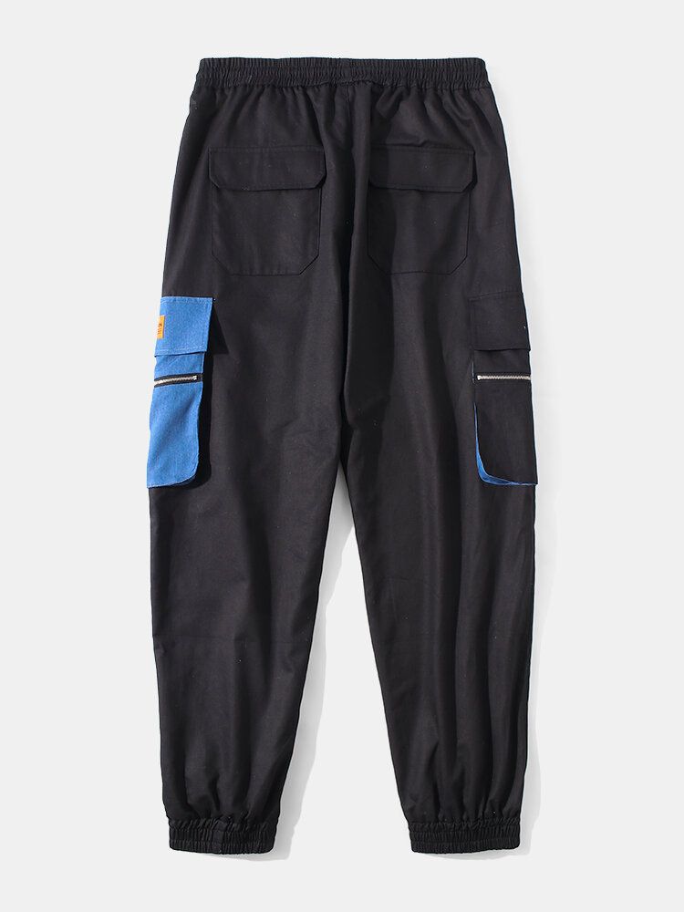 Pantalones De Chándal De Cintura Con Cordón Informal 100% Algodón Con Bolsillos En Contraste Para Hombre