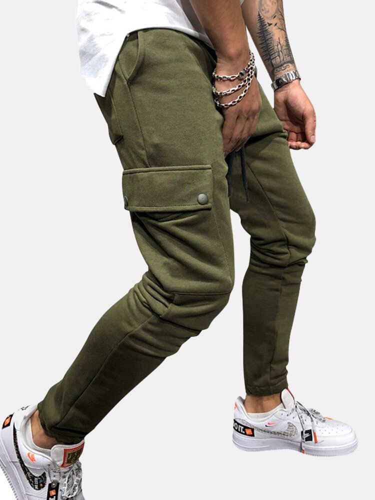 Pantalones De Chándal De Cintura Con Cordón Y Multibolsillos De Color Sólido Para Hombre