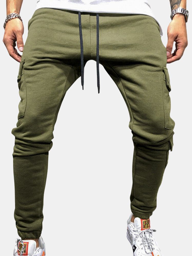 Pantalones De Chándal De Cintura Con Cordón Y Multibolsillos De Color Sólido Para Hombre