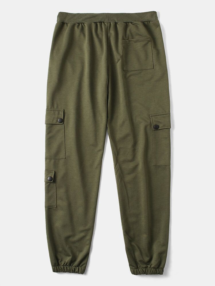 Pantalones De Chándal De Cintura Con Cordón Y Multibolsillos De Color Sólido Para Hombre