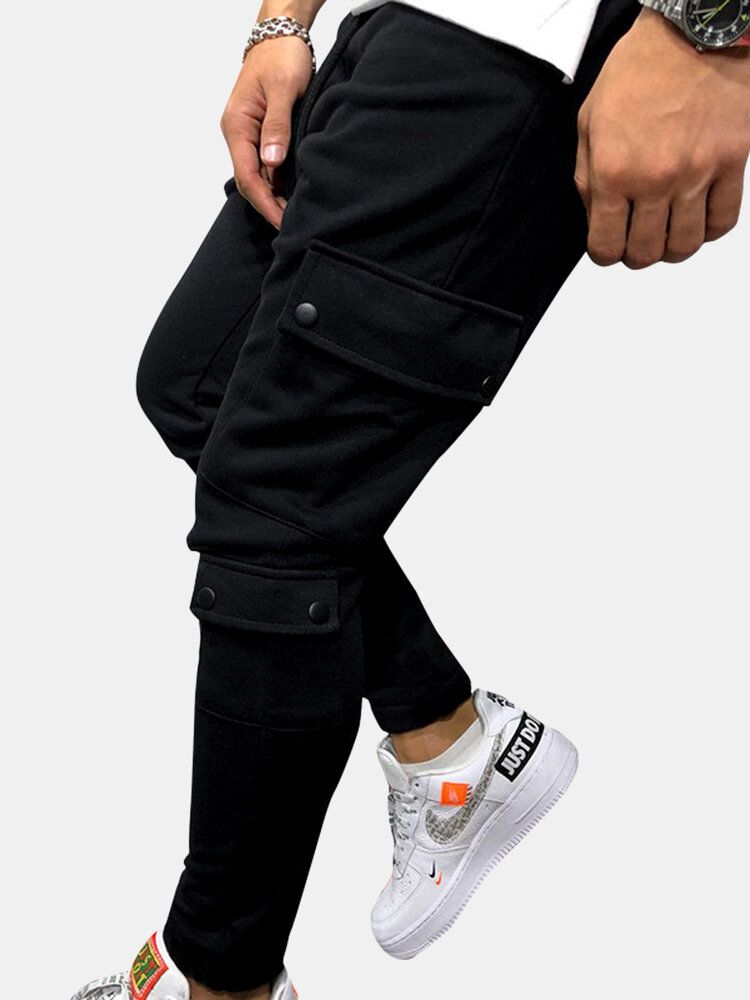 Pantalones De Chándal De Cintura Con Cordón Y Multibolsillos De Color Sólido Para Hombre