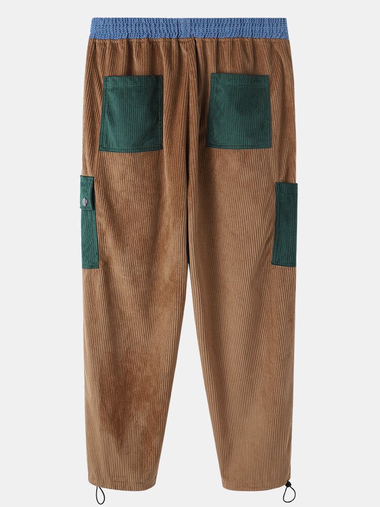 Pantalones De Chándal De Cintura Elástica Con Cordón De Empalme De Pana Con Múltiples Bolsillos Para Hombre