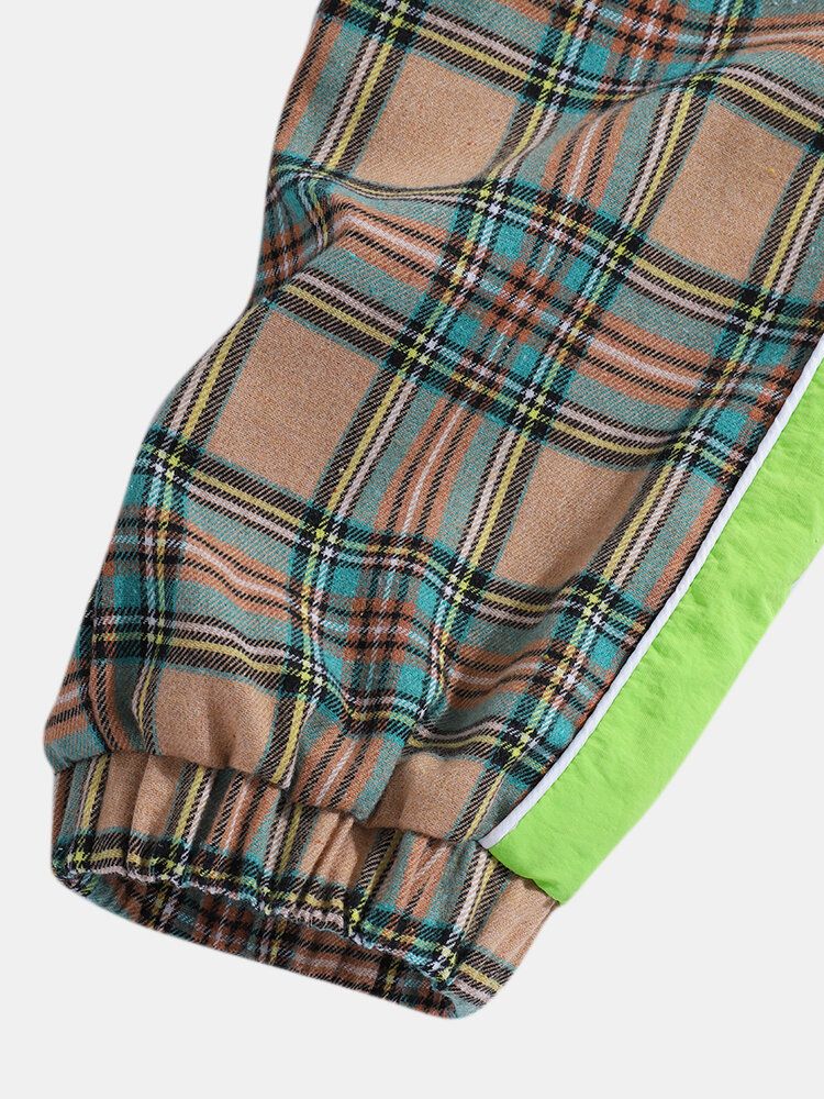 Pantalones De Chándal De Cintura Elástica Con Cordón De Retazos Laterales De Algodón A Cuadros Para Hombre Con Bolsillo